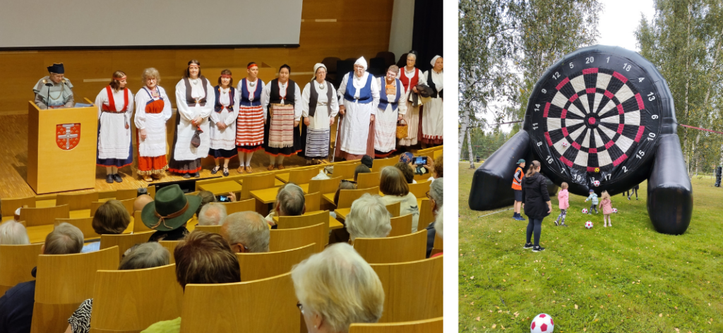 Kaksi valokuvaa rinnakkain. Vasemmalla luentosalin lavalla puhujapönttö sekä rivissä kansallis- ja muinaispukuihin pukeutuneita henkilöitä. Oikealla puistoon puystyutetty maalitaulu, jonka edustalla pieniä lapsia vanhempineen sekä jalkapalloja.