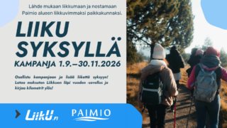 Pikkukuvassa retkeilijöitä liikkuu luonnossa kävelysauvoja hyödyntäen. Lisäksi tekstinä Liiku syksyllä 1.9.-30.11.2026. Kuvassa myös LiikU:n ja Paimion logot.