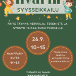 Yläosassa kaksi piirrettyä lapsihahmoa ja teksti Iivarin syysseikkailu. Alaosassa perustietoja tapahtumasta.