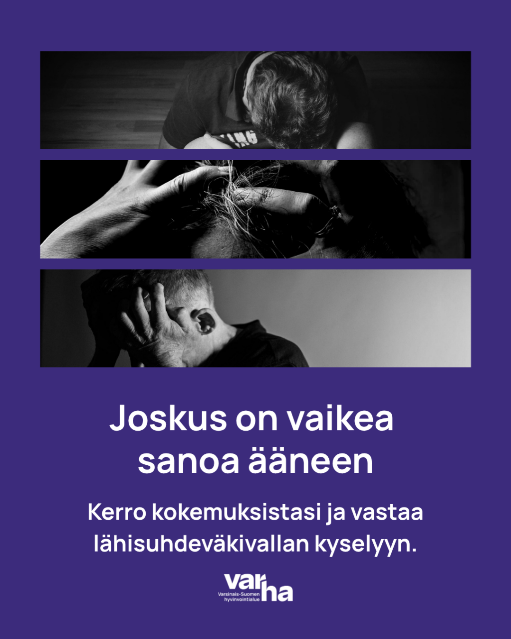 Kolme mustavalkoista pikkukuvaa aikuisen ihmisen päästä. Ihmiset ovat kuvissa tunnistamattomia. Lisäksi tekstiosuuden pääotsikkona Joskus on vaikea sanoa ääneen.