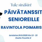 Kaksi tanssiparia piirroshahmpoina ja teksti Päivätanssit senioreille Ravintola Poimarissa.