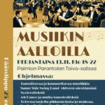 Piirroskuva juhlasalista, jossa ihmisiä tanssimassa orkesterin tahtiin.