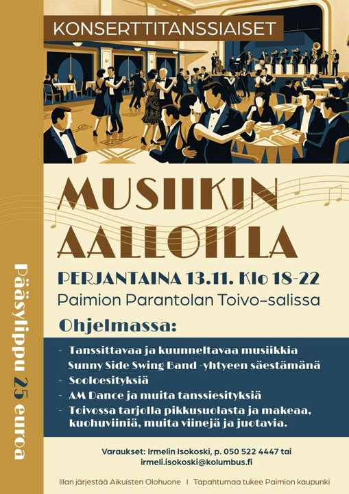 Piirroskuva juhlasalista, jossa ihmisiä tanssimassa orkesterin tahtiin.