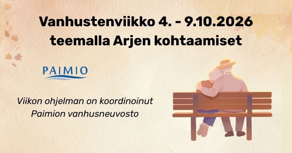 Piirroskuvassa kaksi ikäihmistä istuu vierekkäin puistonpenkillä. Vanhustenviikko 4. - 9.10.2026 teemalla Arjen kohtaamiset.