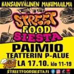Värikkäässä piirroskuvassa erilaisia ruoka- ja juoma-annoksia sekä teksti Street Food Siesta Paimio.