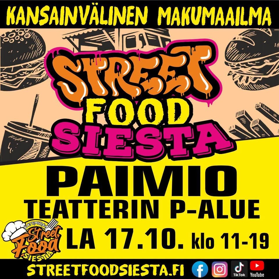 Värikkäässä piirroskuvassa erilaisia ruoka- ja juoma-annoksia sekä teksti Street Food Siesta Paimio.