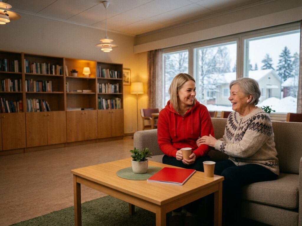 Kaksi eri-ikäistä naista istuu vierekkäin asunnon olohuoneessa.