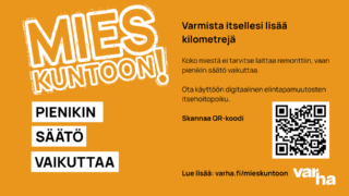 Tekstinä Mies kuntoon! sekä QR-koodi, jonka avulla pystyy lataamaan Varha-sovelluksen.